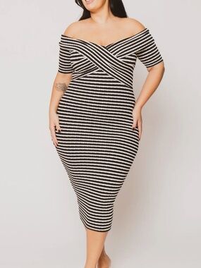 Curvy Sense Lydia Striped Dress Black White BodyCon Off Shoulder Midi Stretchy